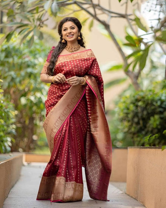 Royal Maroon Banarasi Silk Saree with Zari Woven Border – Timeless Elegance