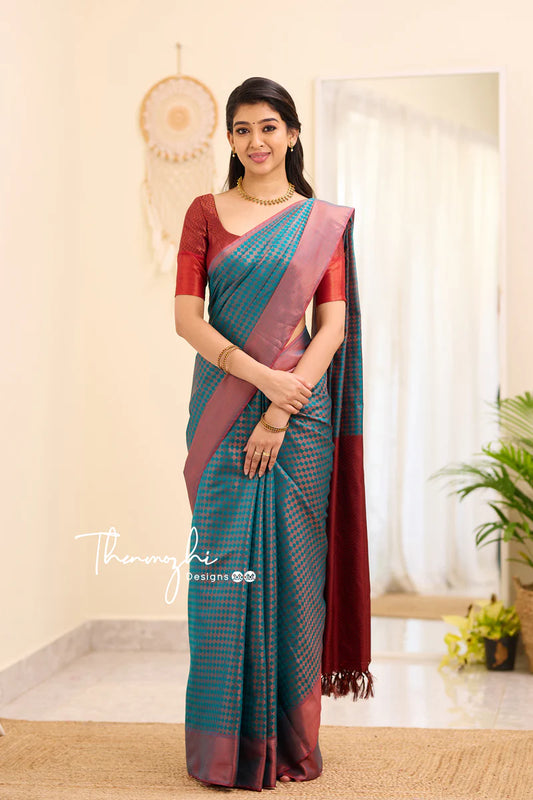 Teal & Maroon Soft Silk Saree with Zari Border – Grace in Contrast