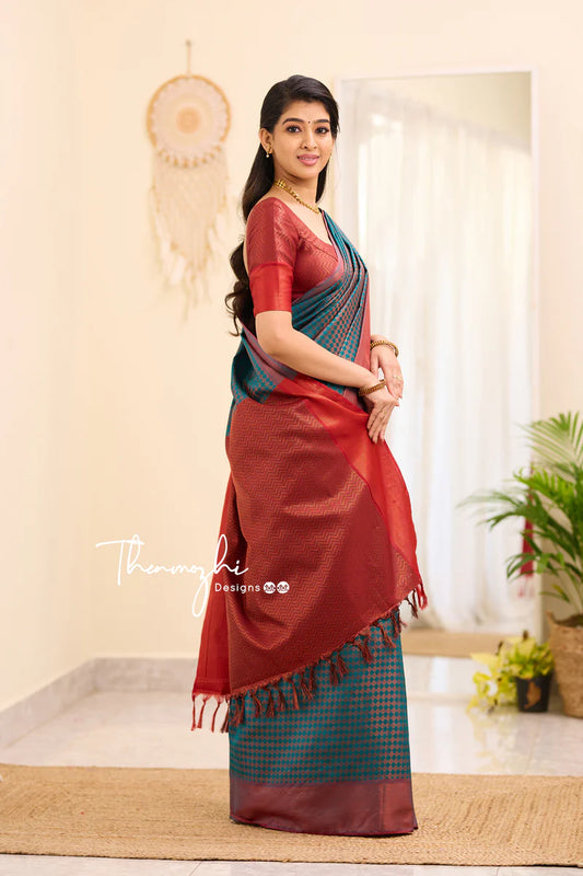 Teal & Maroon Soft Silk Saree with Zari Border – Grace in Contrast