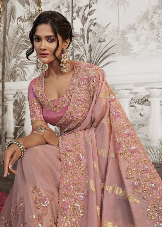 Blush Pink Embroidered Designer Saree with Sequin Floral Work – Bridal Elegance