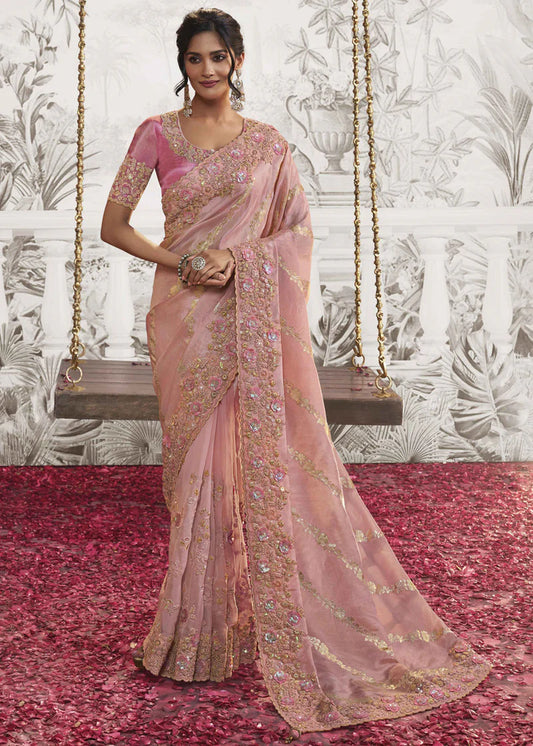 Blush Pink Embroidered Designer Saree with Sequin Floral Work – Bridal Elegance